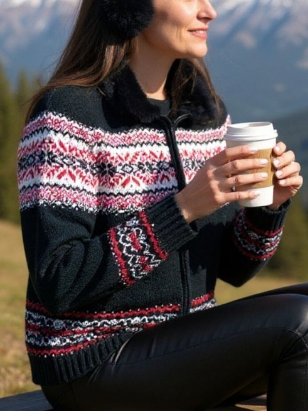 Carolyn Taylor Women's Nordic Winter Sweater Winter Holiday Zip Faux Fur Size XL